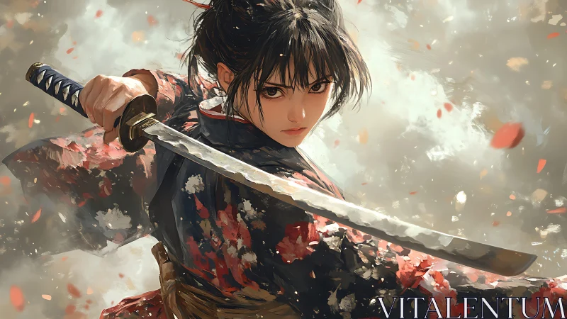 Storm-eyed samurai heroine cleaves through drifting petals.
