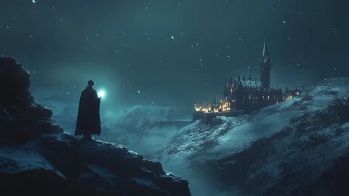 Lone mage overlooking illuminated winter fortress at night.