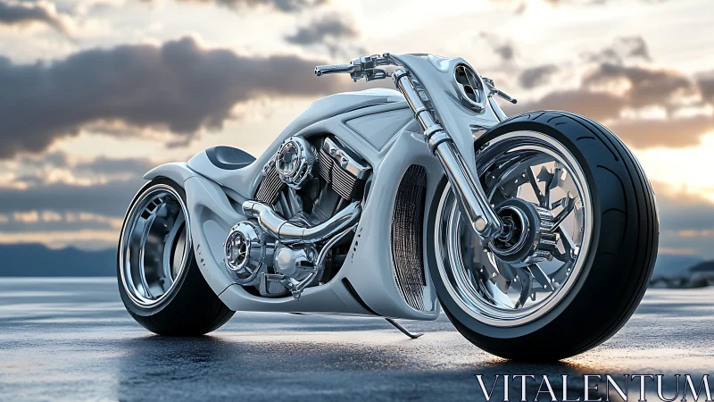 Futuristic custom cruiser motorcycle with polished chrome and wide tires