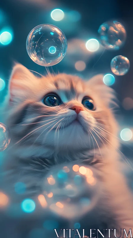 Fluffy White Cat Mesmerized by Glowing Soap Bubbles
