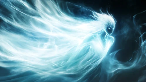 Luminescent humanoid figure formed from flowing blue light.