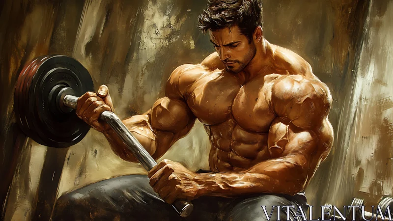 Muscular bodybuilder curls heavy dumbbell in golden light.