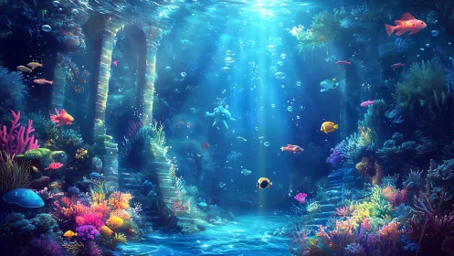 Sunlit ruins in a vibrant coral reef undersea sanctuary.