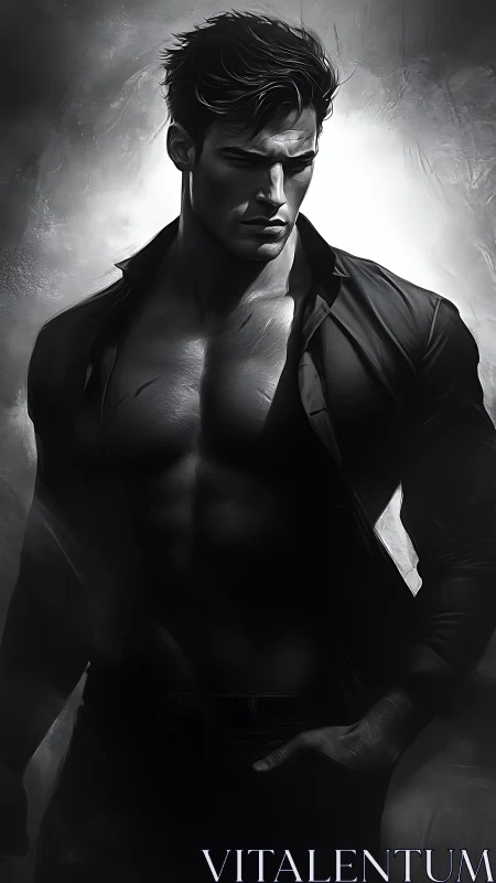 Brooding muscular man in monochrome dramatic light study.