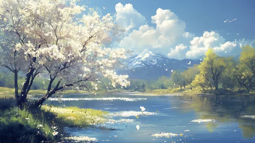 Spring lake landscape reflects snowy mountain and blossom.