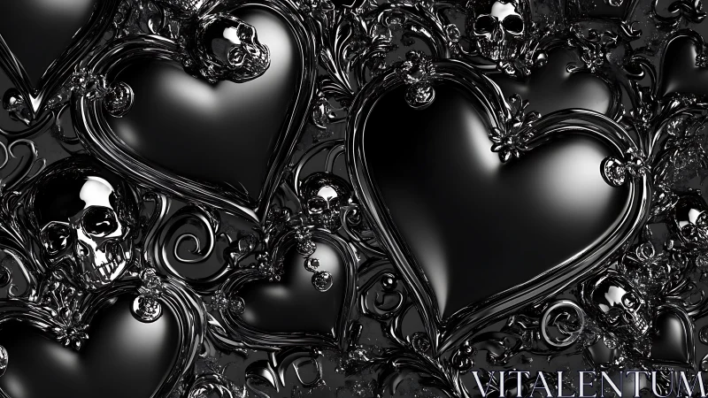 Black metallic hearts with skull motifs and ornate curls.