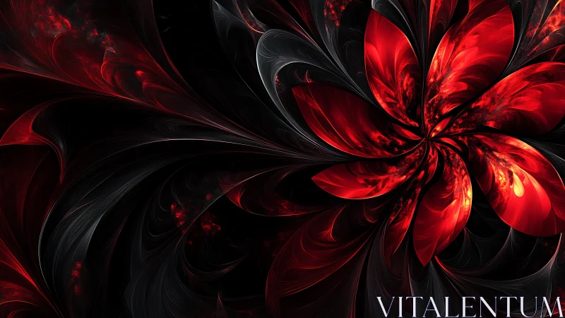Red fractal flower form dominates dark swirling backdrop