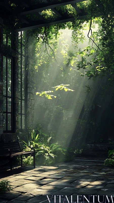 Sunlit overgrown courtyard bench under ivy canopy.