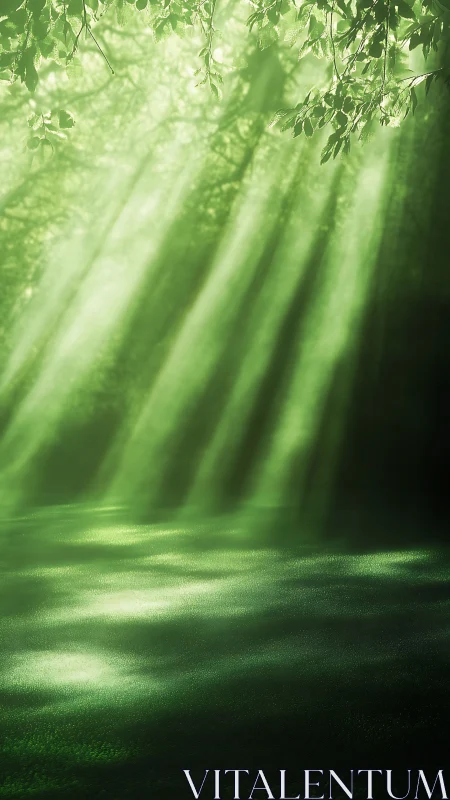 Forest sunbeams spill like liquid jade across quiet moss