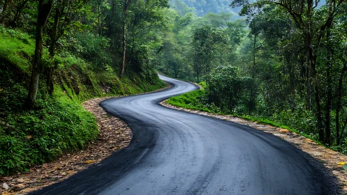 Winding forest road through dense vegetation.