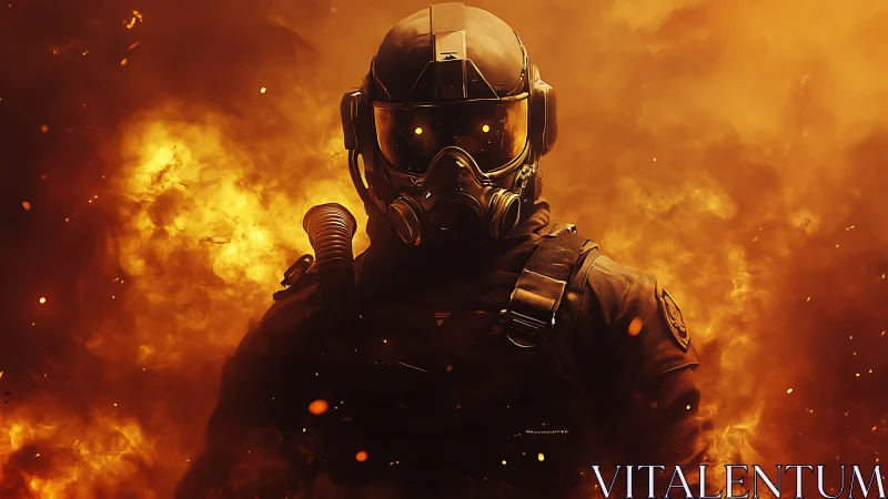 Armored soldier emerging from molten inferno backdrop.