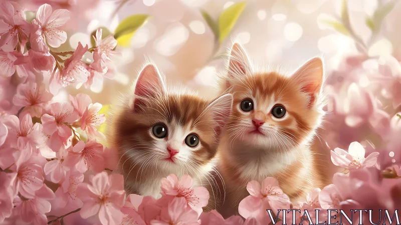 Two Adorable Kittens Playing Among Pink Blossoms