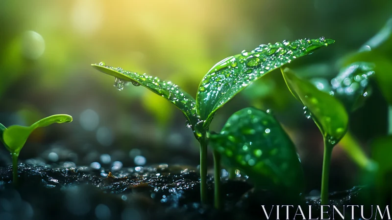 Close-up of fresh green seedlings with water droplets.