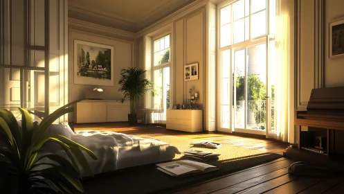 Sunlit bedroom retreat with warm wooden floors and plants.
