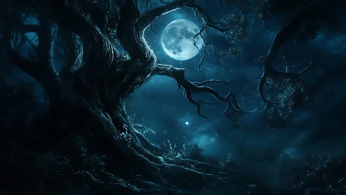 Enchanted moonlit forest twists around a luminous full moon