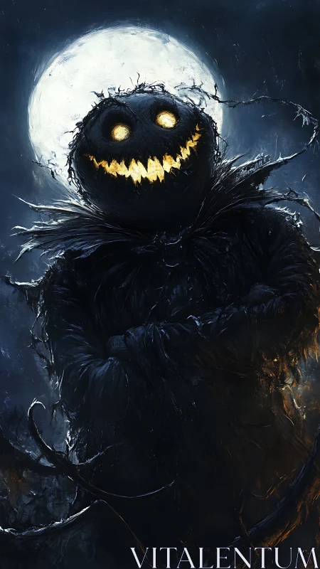 Moonlit scarecrow spirit smiles with eerie golden glow