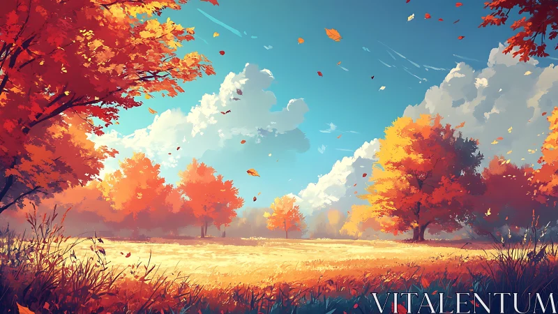 Sunlit autumn meadow under drifting clouds and bright skies.