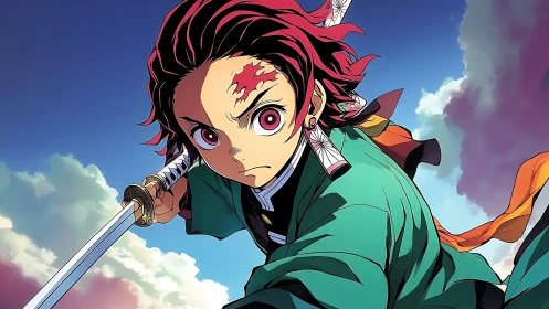 Dynamic anime swordsman in dramatic upward action framing.