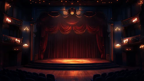 Interior view shows closed red-curtained proscenium stage