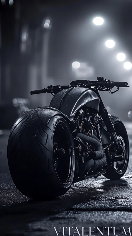 Low-angle cyberpunk street portrait of custom stealth motorcycle