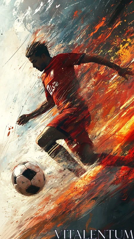 Dynamic soccer striker in fiery digital motion burst.