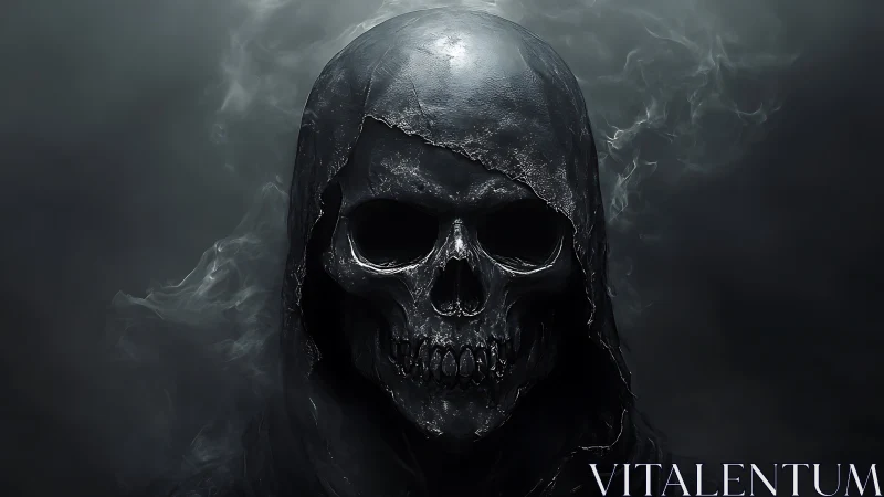Volumetric-lit hooded skull emerges from dense atmospheric smoke