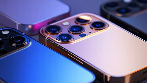 Chromatic camera islands trade neon glances across metal