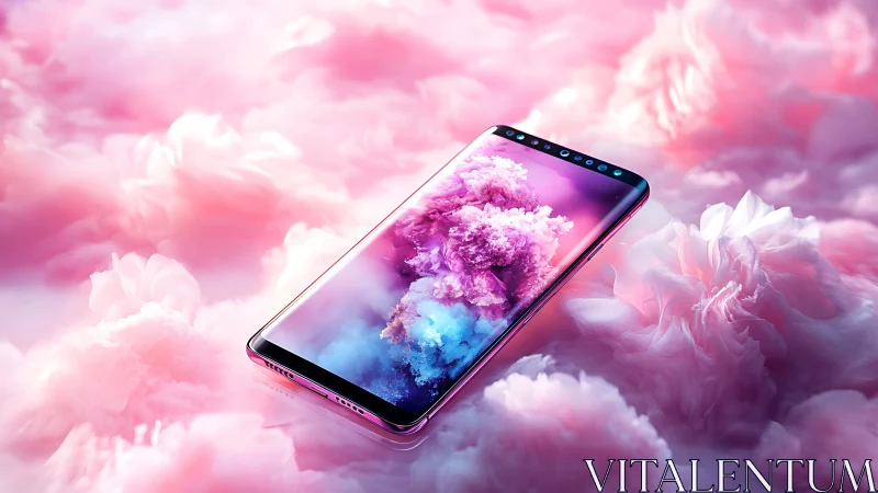Bezel-less smartphone lies on pink cloudlike floral surface