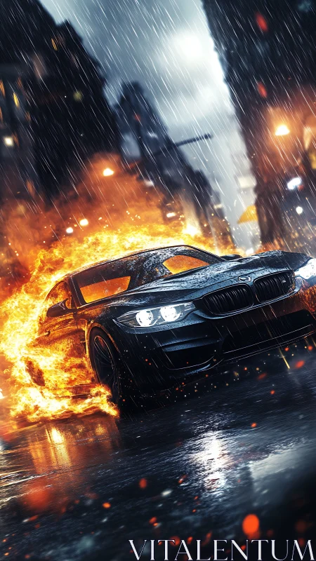 Black sports car drifts through city street ringed by fire.