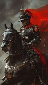 Armored cavalry officer on warhorse under turbulent embers and smoke
