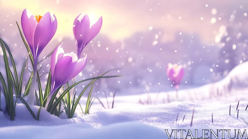 Winter's Purple Sentinels: Crocuses Break Through Snow's Veil