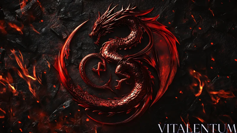 Coiled red dragon emblem against black textured background.