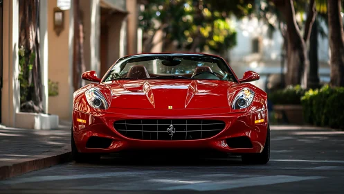 Red Ferrari convertible poised on elegant city street.