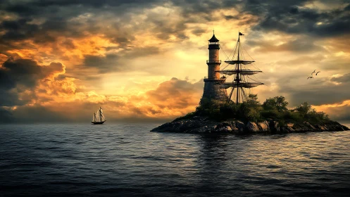 Lighthouse Island at Sunset with Sailing Vessels