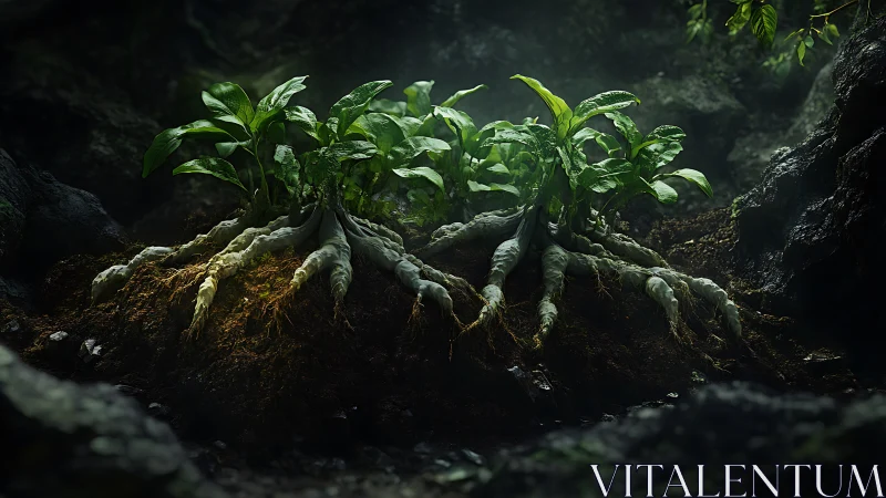 Bioluminescent-style forest plants with exposed twisted roots