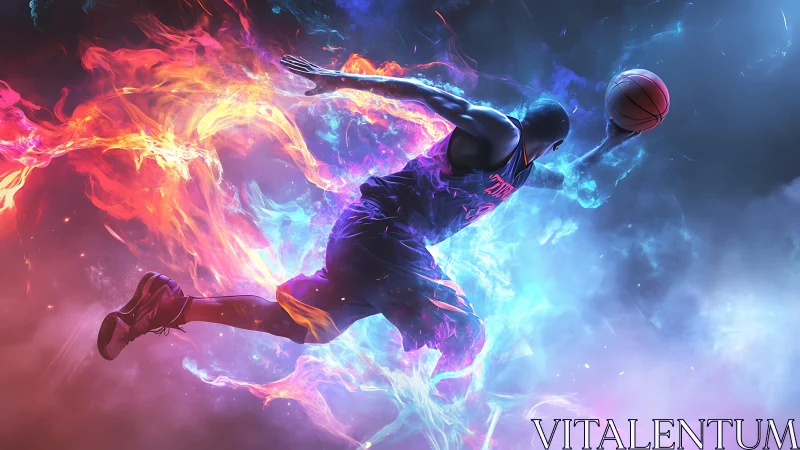 Dynamic basketball dunk surrounded by blazing neon energy.