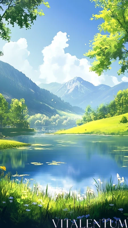 Luminous alpine valley lake with atmospheric depth rendering.