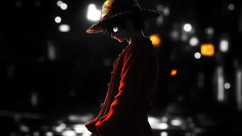 Shadowed wanderer in a red coat pauses under city lights