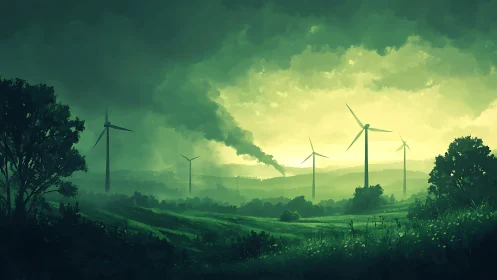 Wind farm at dusk amid stormy skies and distant smokestack.