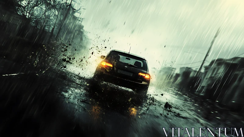 Rain-slashed street chase with a lone car outrunning gloom.