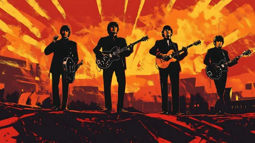 Retro rock band silhouetted against blazing sunset sky.