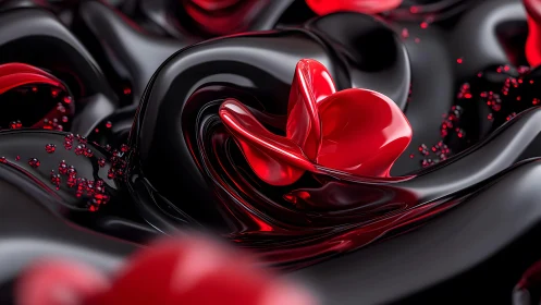 Abstract glossy black and red liquid forms in modern 3D art style.