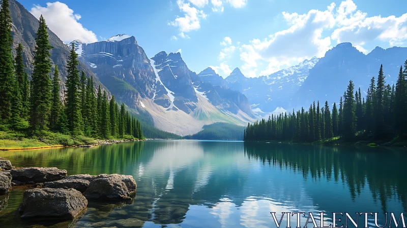Glacial lake mirrors alpine peaks under vivid summer sky.