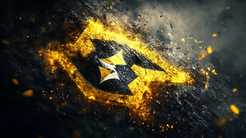 Fiery shattered logo bursting from dark cracked ground.