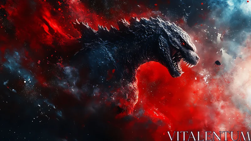 Colossal reptilian titan roars within swirling red nebula