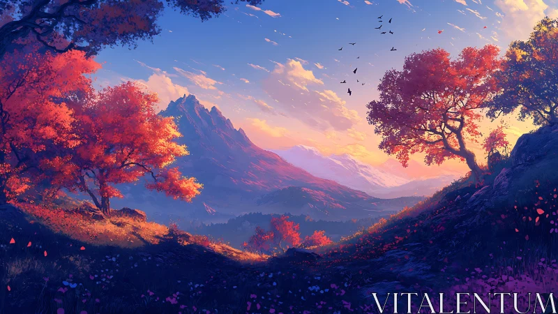 Mountain valley landscape with red trees at sunset light.