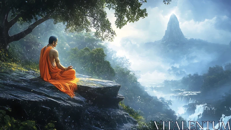 Monk sits on rock ledge facing misty waterfalls and mountain