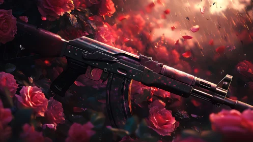 Rifle positioned among red roses under falling petals.