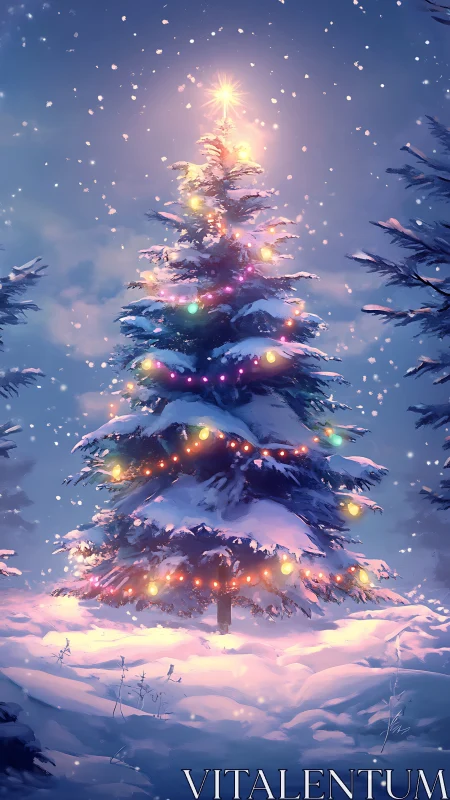 Glowing Christmas tree shining softly in a snowy winter forest.