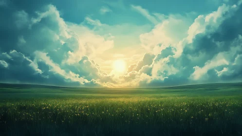 Radiant low-horizon sun across volumetric cloud meadow field.